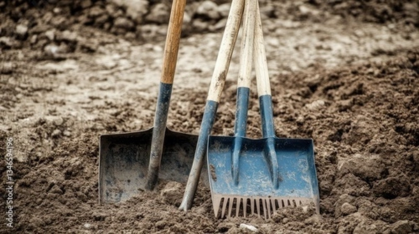 Fototapeta A set of tools used for ground leveling, including shovels and rakes
