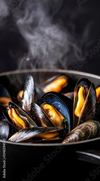 Obraz Steaming Hot Mussels in Black Cast Iron Pan on Dark Background