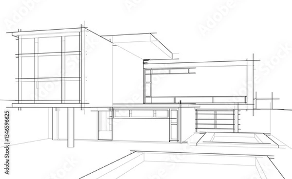 Fototapeta Modern Architectural Linear Wireframe 3d Sketch