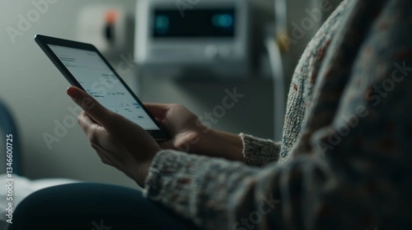 Fototapeta A Patient Quietly Reviewing Medical Data On A Tablet In A Dimly Lit Hospital Room, Feeling A Mix Of Hope And Apprehension