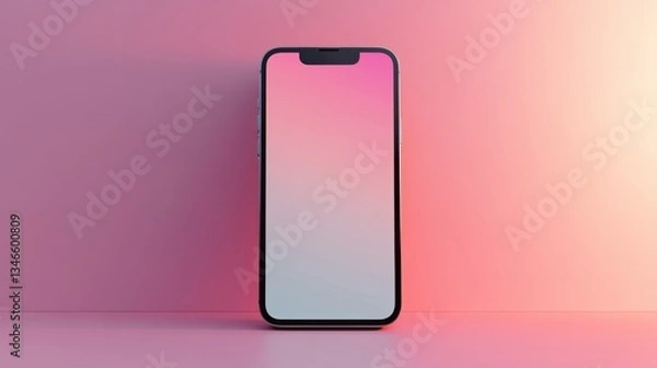 Fototapeta Modern smartphone device stands on pink backdrop with glowing screen
