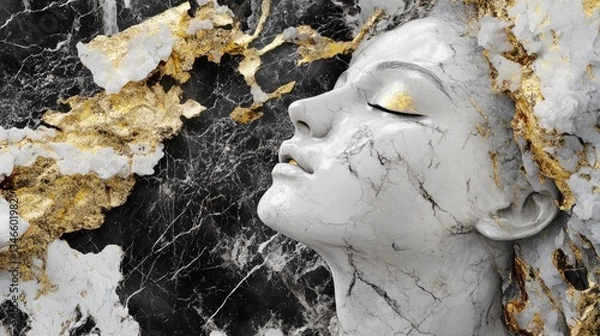 Fototapeta A visually striking blend of black and white marble with gold details and yellow watercolor splashes, creating a sophisticated and luxurious digital artwork