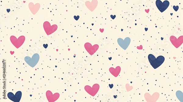 Fototapeta Seamless pattern of pastel cartoon hearts scattered evenly, white background