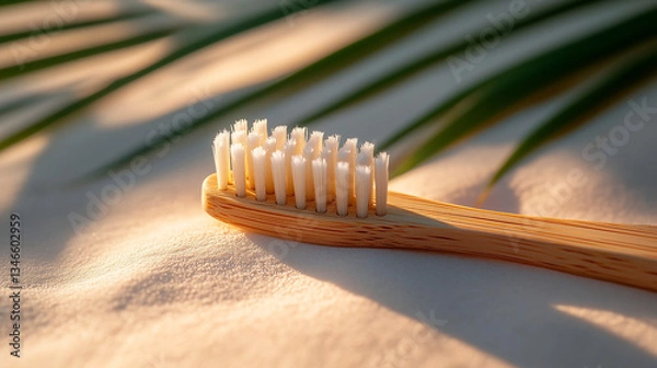 Fototapeta Close-up of bamboo toothbrush with soft bristles, palm leaves shadow, natural light