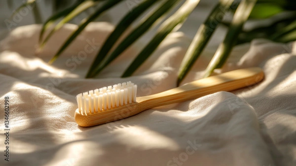 Fototapeta Eco-friendly bamboo toothbrush on linen cloth with palm leaves, soft sunlight