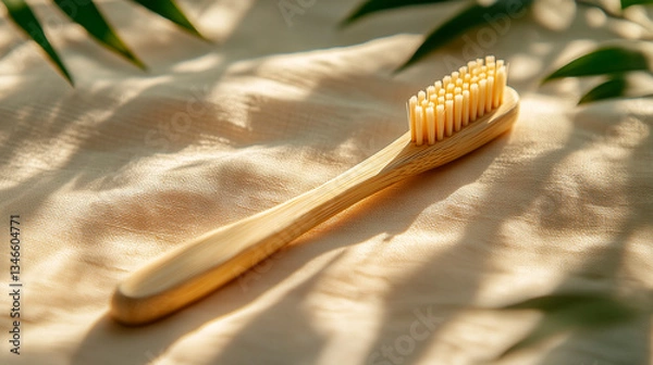 Fototapeta Eco bamboo toothbrush on linen fabric with palm leaf shadows, soft sunlight