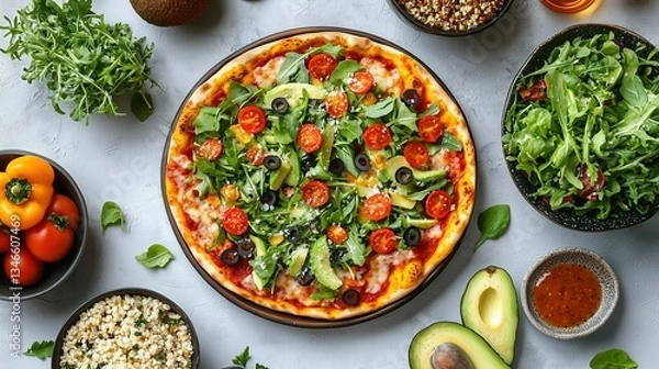 Fototapeta A vibrant pizza topped with fresh greens, cherry tomatoes, and olives, surrounded by bowls of salad, quinoa, and avocado, showcasing a healthy meal prep.