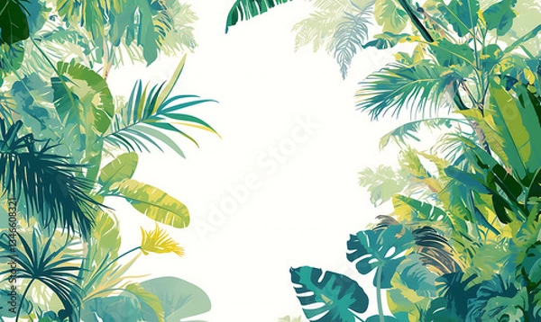 Fototapeta .Illustration of trees, leaves, grass and various botanical elements on a white background.
