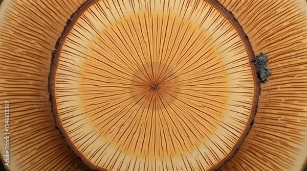 Fototapeta Close-Up Orange Brown Mushroom Gills Radial Pattern with Fly