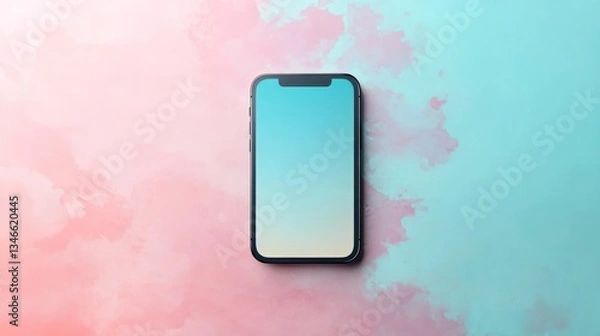 Fototapeta Smartphone displayed on a creatively designed pink and teal background
