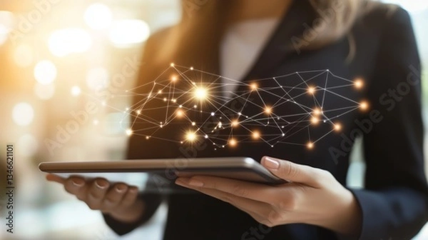 Fototapeta Businesswoman holding tablet digital network connection. AI generated