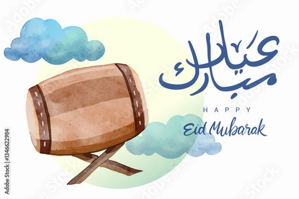 Fototapeta Hand drawn Watercolor for Ramadan and Eid mubarak greetings card with Arabic calligraphy. translation is "Eid mubarak"