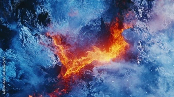 Obraz Dynamic interplay of fire and ice creating an energetic transition with red-hot flames and blue freezing cold background