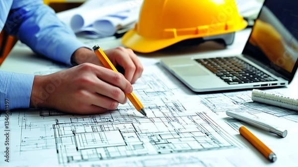 Fototapeta Architectural Planning with Blueprint and Tools, Close-up of a person's hand drawing architectural plans with a pencil on a blueprint