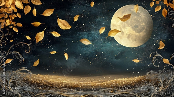 Obraz A mystical autumn night scene, golden leaves suspended in the air as though caught in a timeless moment, deep coffee hues mixing with delicate silver filigree,