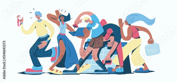 Obraz Teamwork concept in cartoon web design. People working in team to deadline, doing tasks at laptop, planning project, colleagues cooperating. Flat vector illustration isolated on white background.