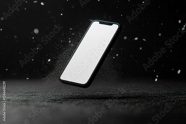 Fototapeta Modern smartphone displays a blank white screen hovering in darkness