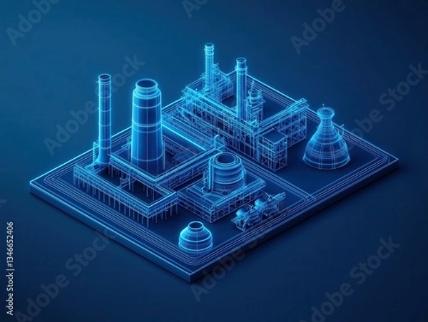 Fototapeta A futuristic, blue-lit industrial facility represented in a 3D wireframe design, showcasing various structures like towers and pipes.