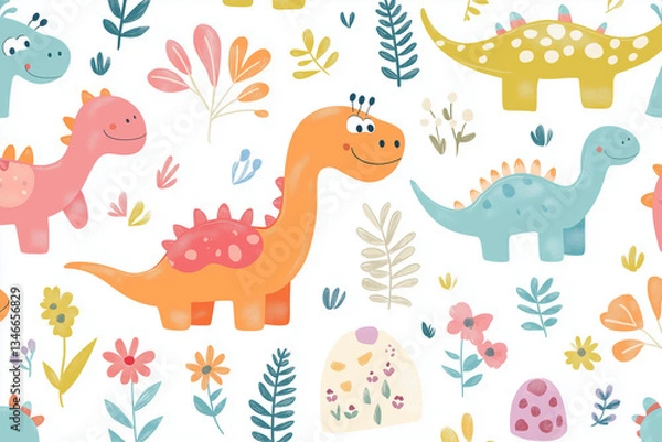 Fototapeta Cute cartoon dinosaur pattern, white background, colorful, simple design, fun and playful style, simple shapes, flat color blocks