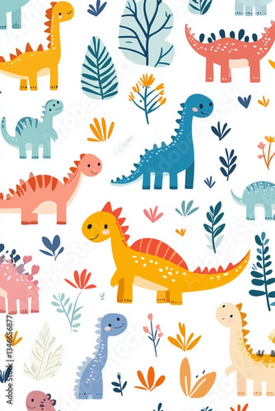 Fototapeta Cute cartoon dinosaur pattern, white background, colorful, simple design, fun and playful style, simple shapes, flat color blocks