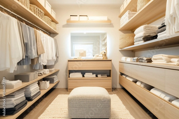 Obraz A bright and elegant walk-in closet in a modern home. The space is well-organized with open shelves, neatly arranged clothing, and stylish storage boxes