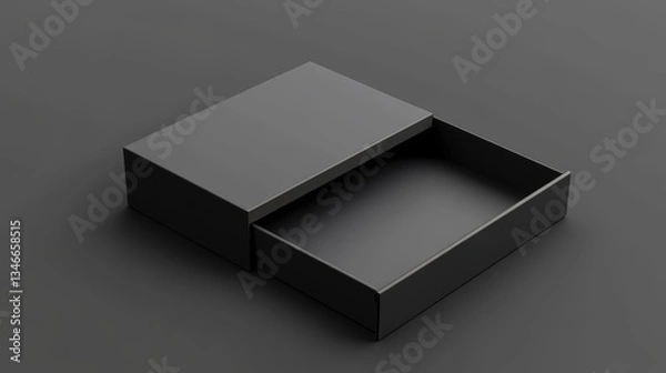 Fototapeta A sleek, black box with a slightly open drawer, set against a dark gray background.