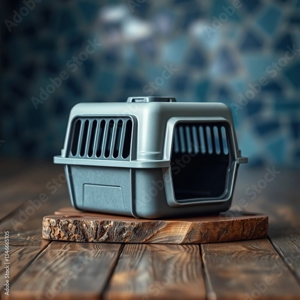 Obraz Pet Carrier on Wooden Plank, Bokeh Background, Blue Tile