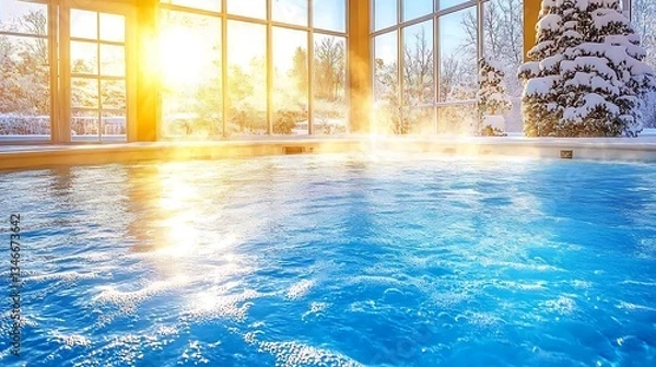 Obraz A sunny indoor spa pool with winter scenery outside the windows