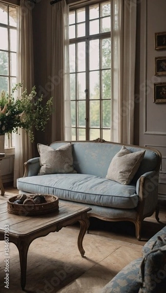 Fototapeta Elegant French country living room with fabric sofa and cozy pillows