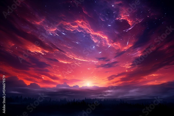 Obraz spectacle of a crimson moon, its hue piercing through delicate veil of wispy clouds, casting an enchanting glow upon nocturnal canvas