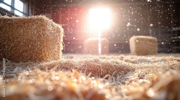 Obraz Sunlit Hay Bales in a Barn - Rustic Agricultural Scene