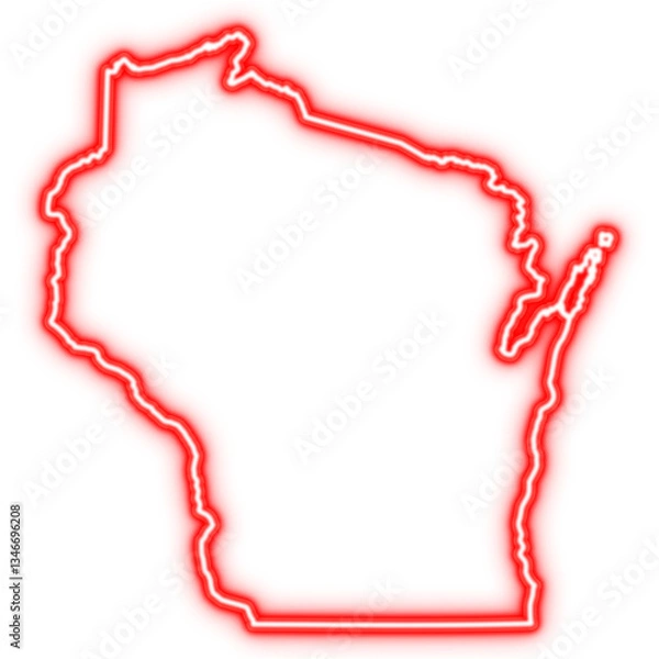 Obraz Neon red outline of Wisconsin state map on transparent background