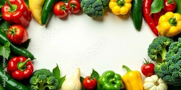 Fototapeta Vibrant assortment of fresh garden vegetables arranged in a circular frame, showcasing a colorful and healthy culinary concept.