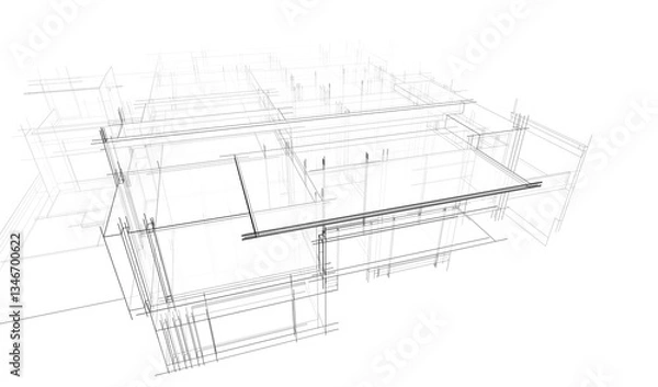 Fototapeta Modern flat roof house or commercial building in  drawing style. Minimalist linear sketch 3d rendering