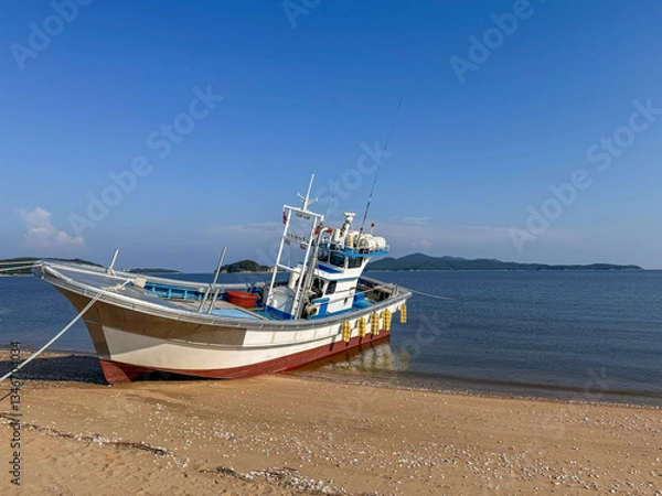 Obraz Docked Fishing Boat on a Sandy Shore