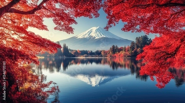 Obraz Mt. Fuji in Autumn: Majestic Mount Fuji, framed by vibrant red foliage, reflected serenely in a calm lake. A picturesque landscape in a stunning display of autumnal beauty.