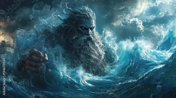 Fototapeta Digital illustration of the mythical Greek god Poseidon standing in the middle of a stormy ocean.