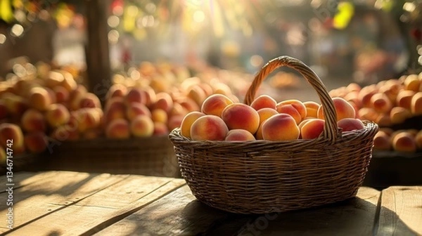 Fototapeta Sunlit Apricots in a Rustic Basket at a Farmers Market