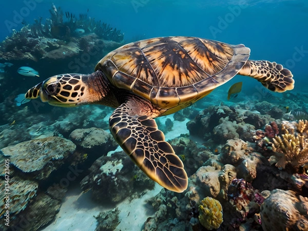 Obraz Ocean Dweller: An eye-level shot of a sea turtle gracefully glides through the crystal-clear turquoise waters above a vibrant coral reef, a symbol of the marine ecosystem. 
