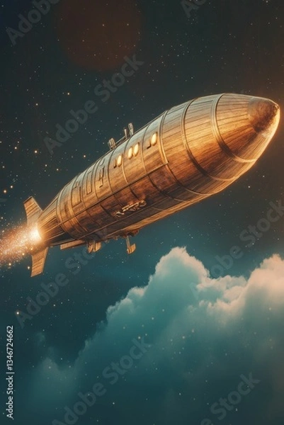 Fototapeta Steampunk airship soars through a starry night.