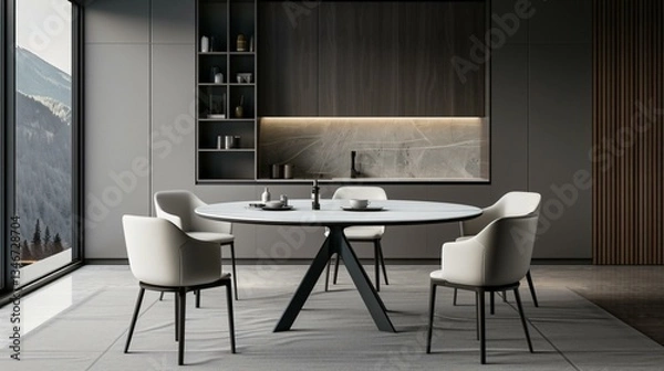 Fototapeta A round luxury dining table with high-backed chairs, styled for an exclusive fine dining kitchen setup.