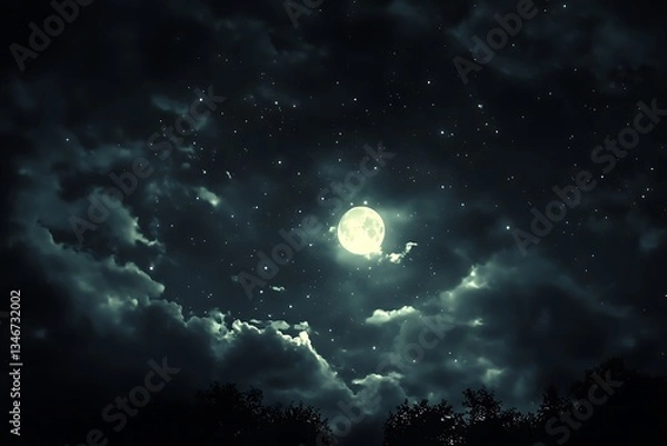 Fototapeta A puzzling and celestial image of a moonless sky where plush shadow is softly brushed by faint shine of starry beams  
