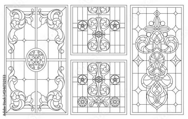 Fototapeta Vector elements. Blank for a classic stained-glass window with floral ornaments. Classic stained glass for a door or window