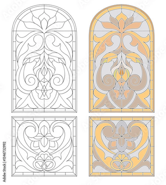 Obraz Vector elements. Blank for a classic stained-glass window with floral ornaments. Classic stained glass for a door or window