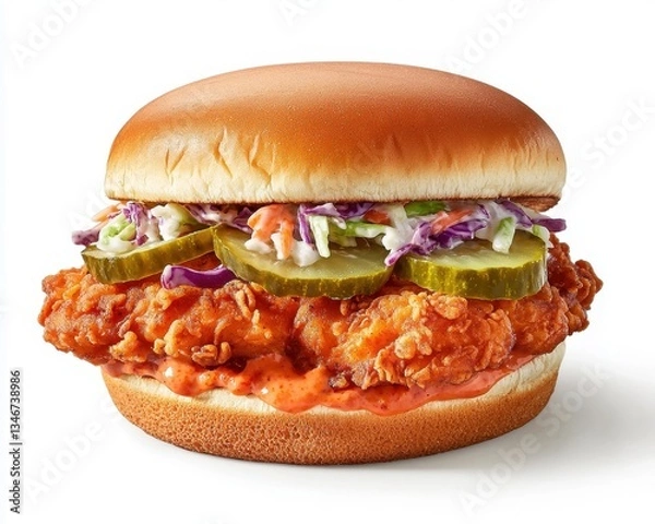 Fototapeta Crispy fried chicken sandwich with pickles and coleslaw on bun