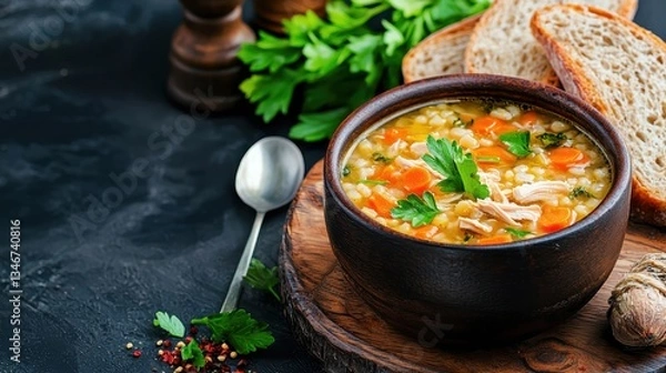 Fototapeta Healthy Vegetable Soup with Fresh Ingredients and Rustic Bread