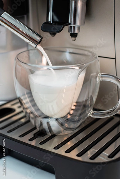 Obraz Modern coffee machine with glass bowl, makes coffee, cappuccino, espresso and latte