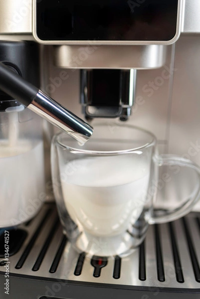 Obraz Modern coffee machine with glass bowl, makes coffee, cappuccino, espresso and latte
