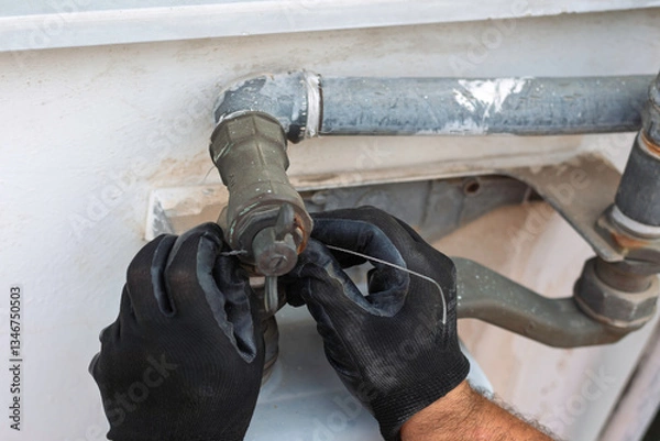 Obraz Gas pipe repair with worker using wire to secure a connection. Close-up on hands and tools, highlighting the precision and safety measures. Illustrates plumbing, maintenance, and gas line repair.