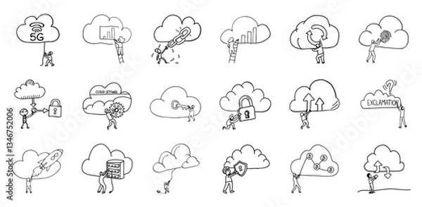 Fototapeta series of stick figures interacting with cloud computing symbols, including 5G, security, and data analytics